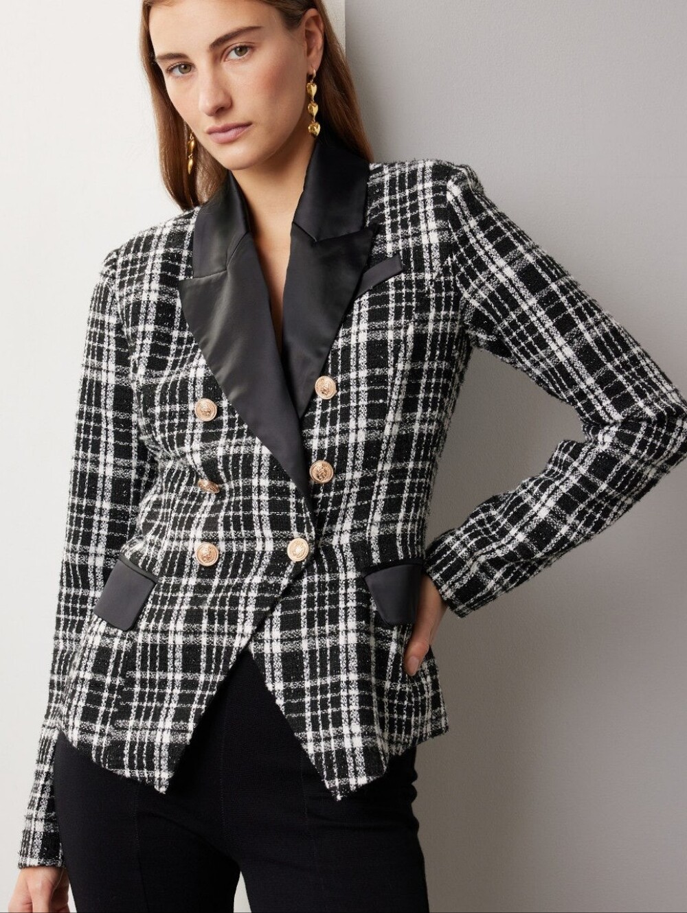 Rachel Parcell Black and White Plaid Double-Breasted Blazer